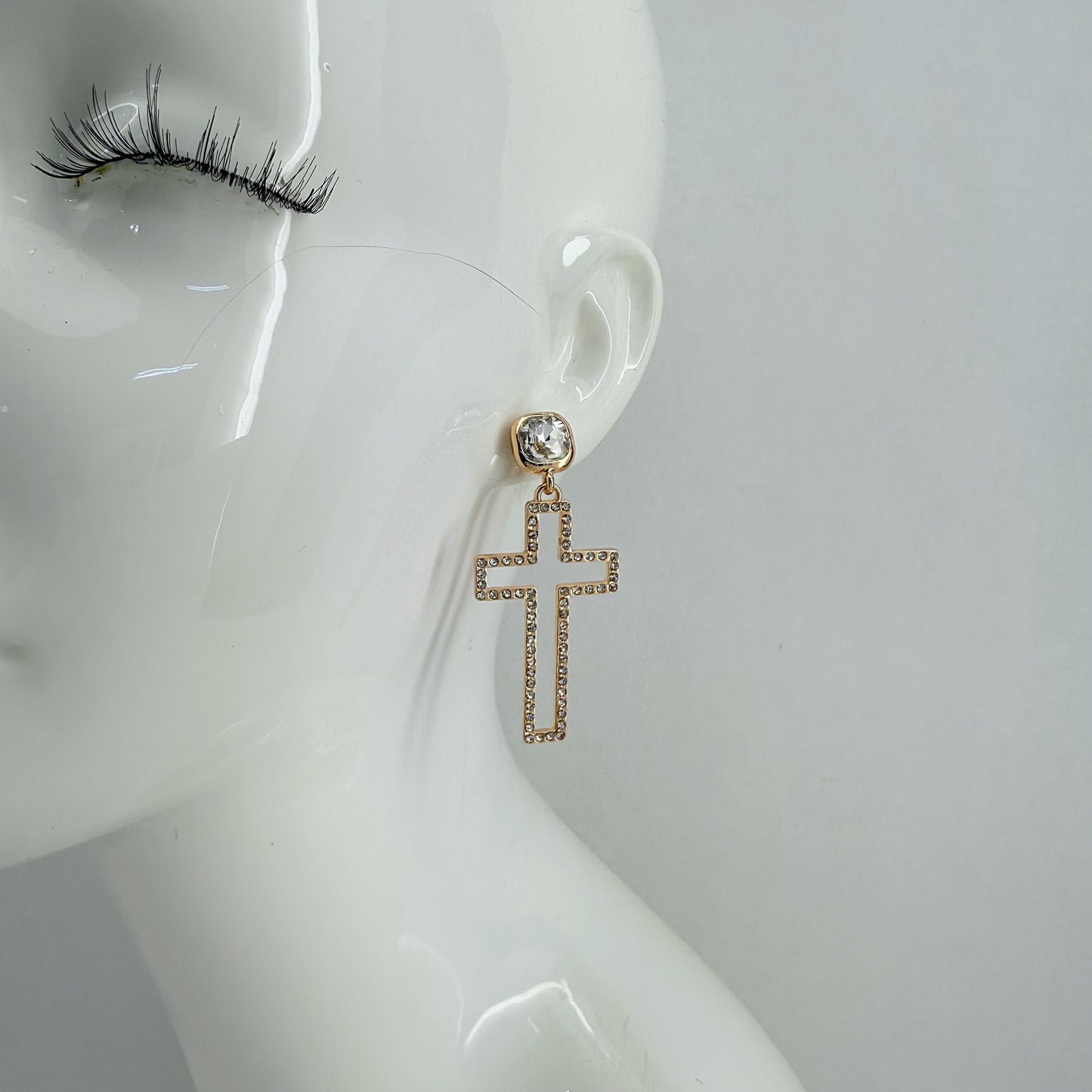 Post Back Earrings With Cut Out Cross Dangle And Clear Rhinestones