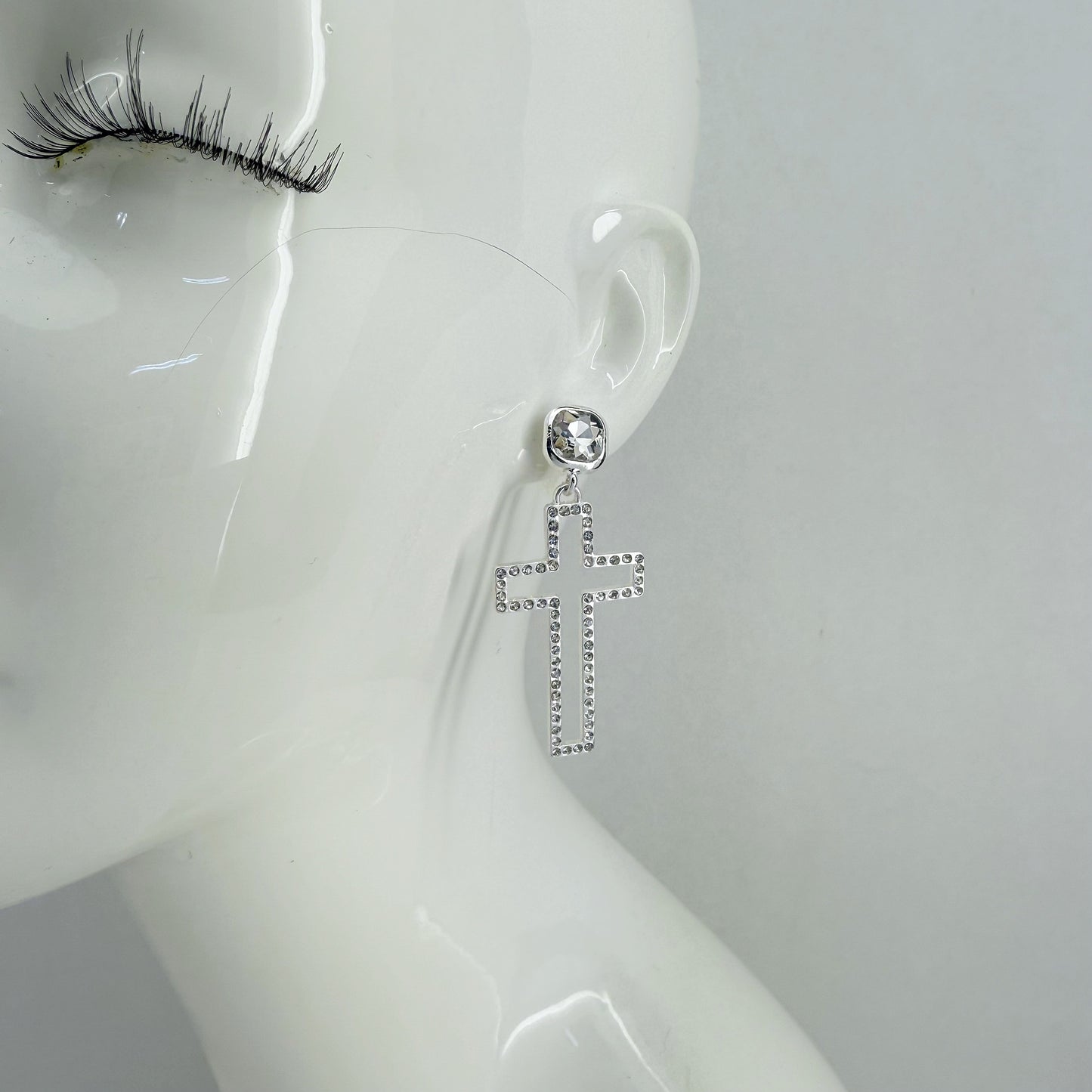 Post Back Earrings With Cut Out Cross Dangle And Clear Rhinestones