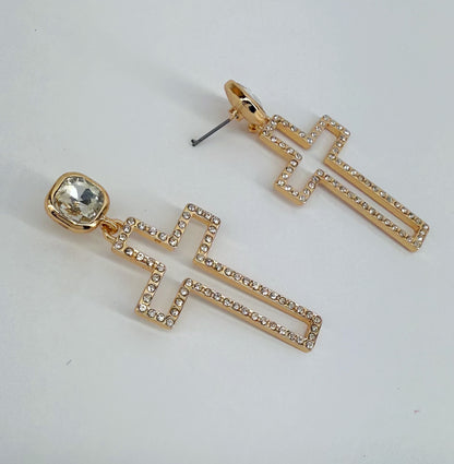Post Back Earrings With Cut Out Cross Dangle And Clear Rhinestones