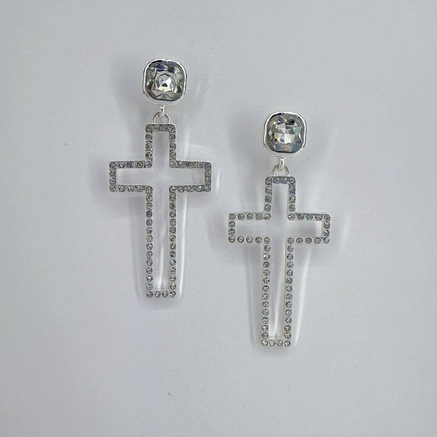 Post Back Earrings With Cut Out Cross Dangle And Clear Rhinestones