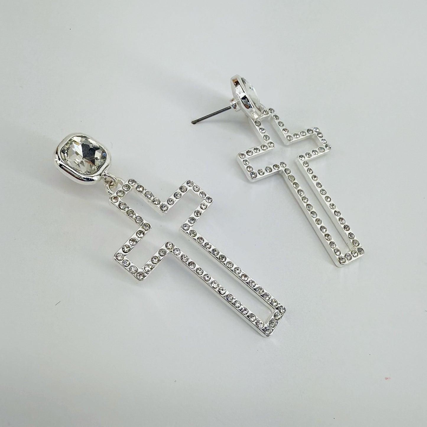 Post Back Earrings With Cut Out Cross Dangle And Clear Rhinestones