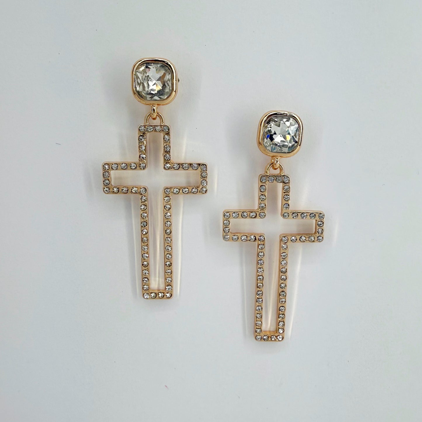 Post Back Earrings With Cut Out Cross Dangle And Clear Rhinestones