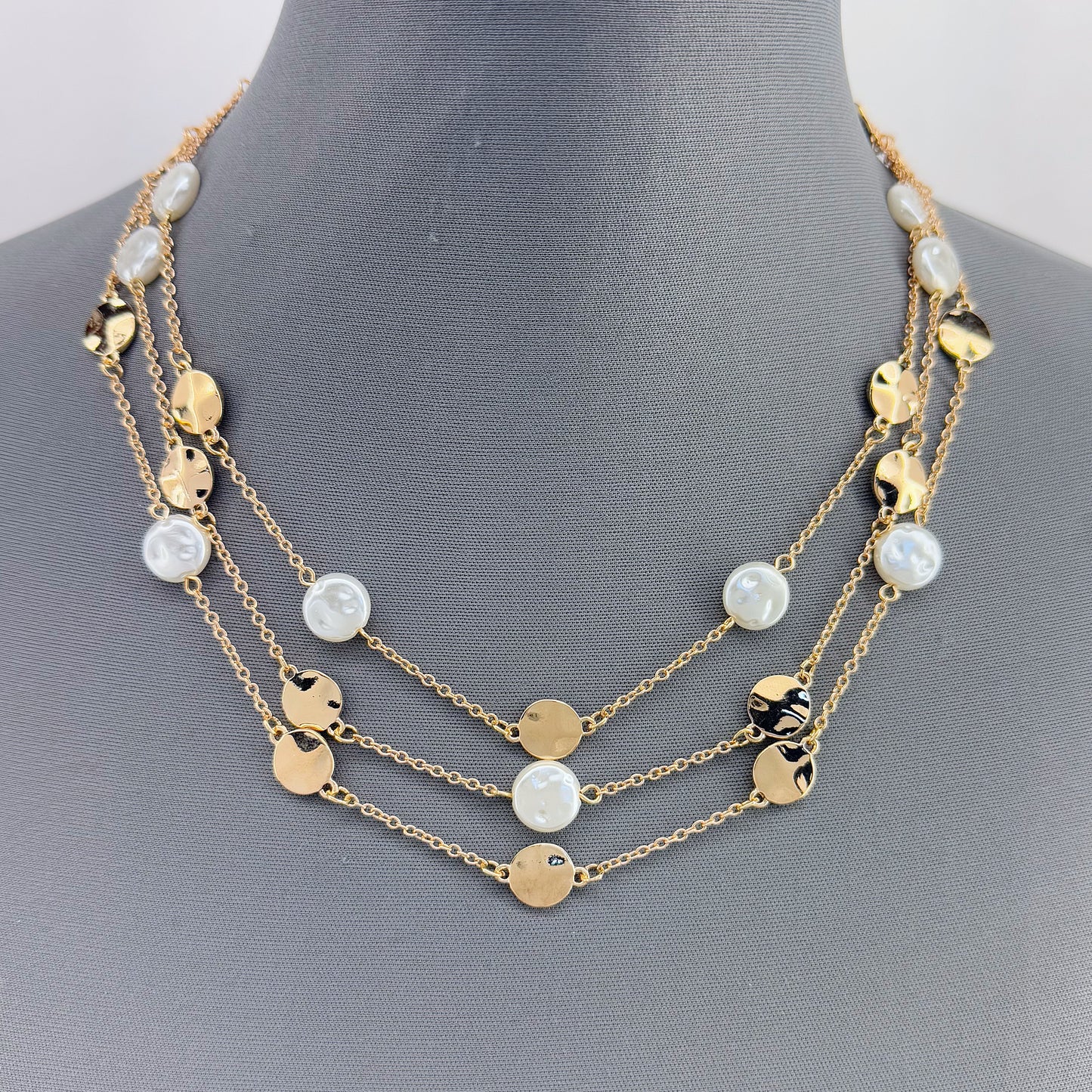 Gold Finish Multilayered Chain with Metal Coin and Flat Pearl Necklace