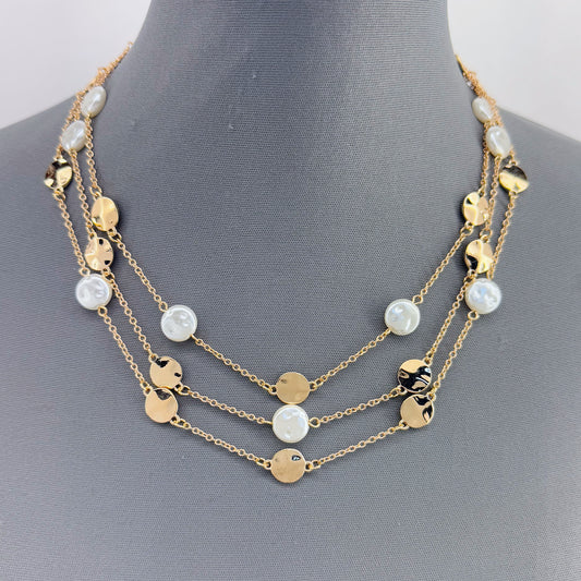 Gold Finish Multilayered Chain with Metal Coin and Flat Pearl Necklace