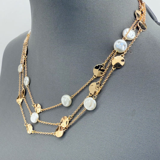 Gold Finish Multilayered Chain with Metal Coin and Flat Pearl Necklace