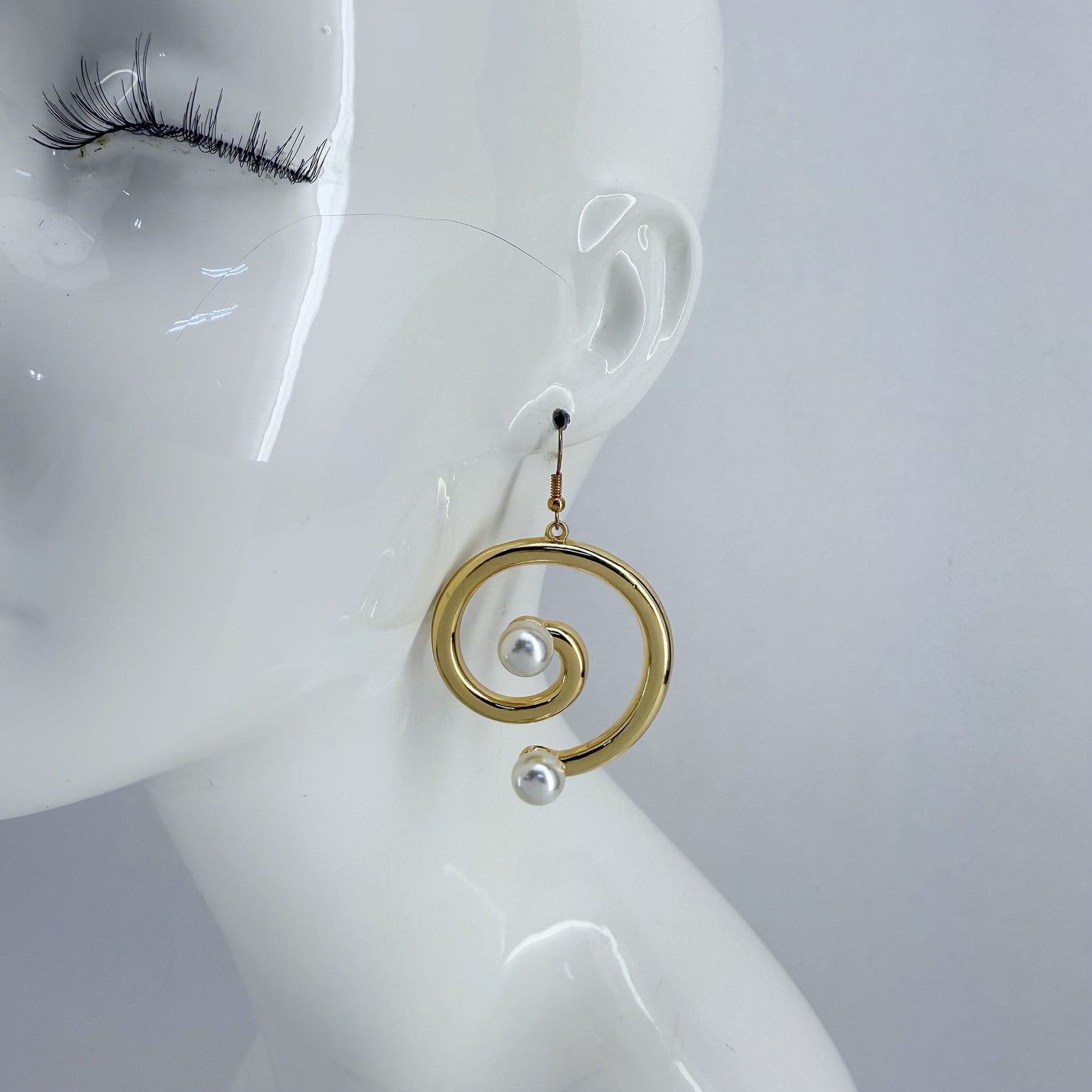 Gold Finish Swirl Shape Fish Hook Earrings with Rhinestone or Pearl Decor