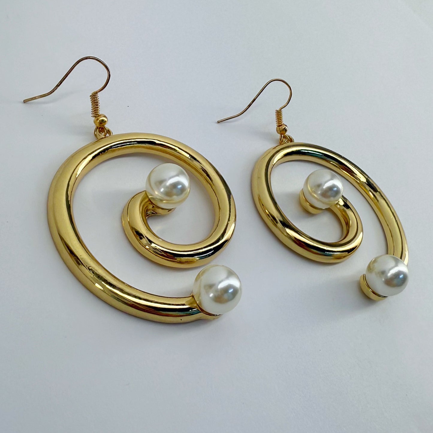 Gold Finish Swirl Shape Fish Hook Earrings with Rhinestone or Pearl Decor