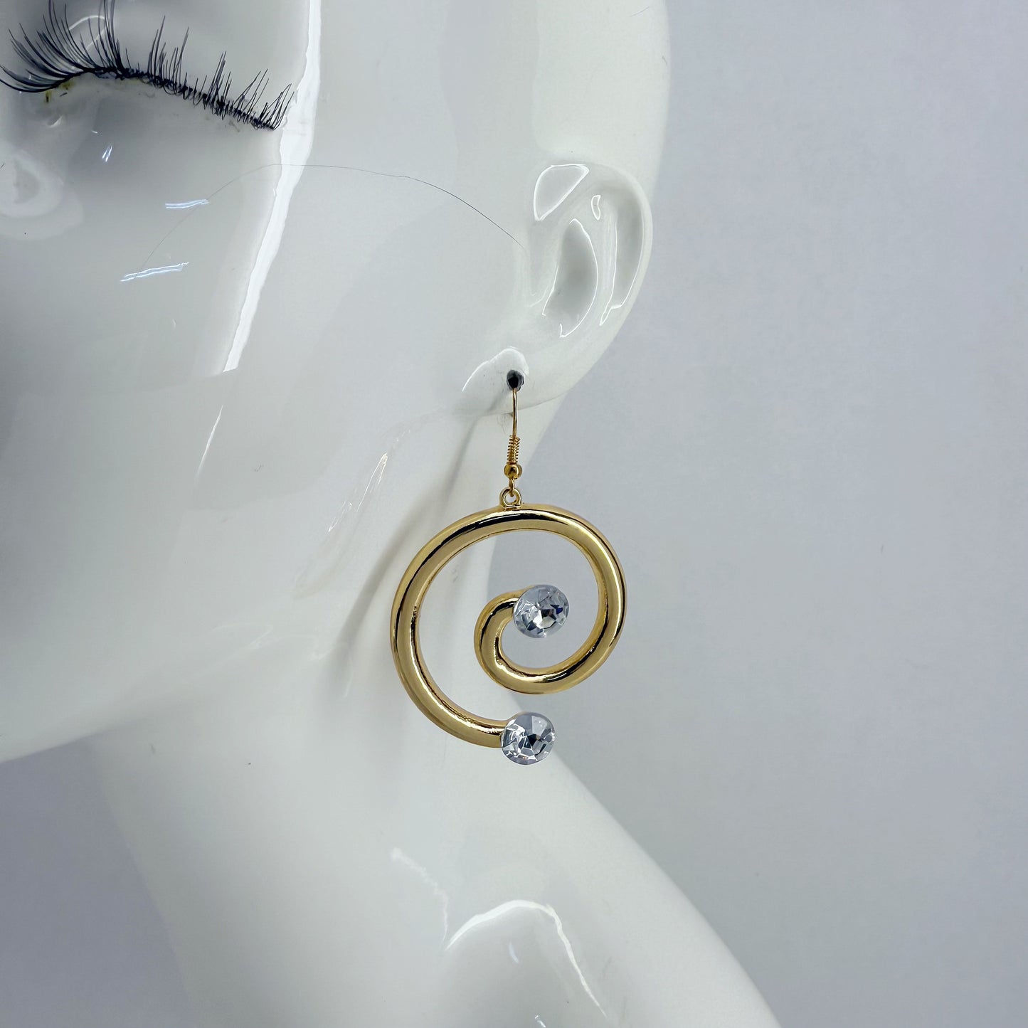 Gold Finish Swirl Shape Fish Hook Earrings with Rhinestone or Pearl Decor