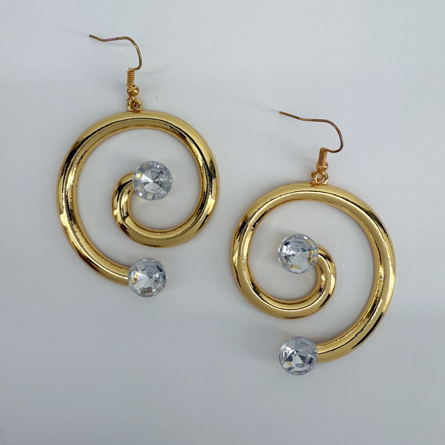 Gold Finish Swirl Shape Fish Hook Earrings with Rhinestone or Pearl Decor