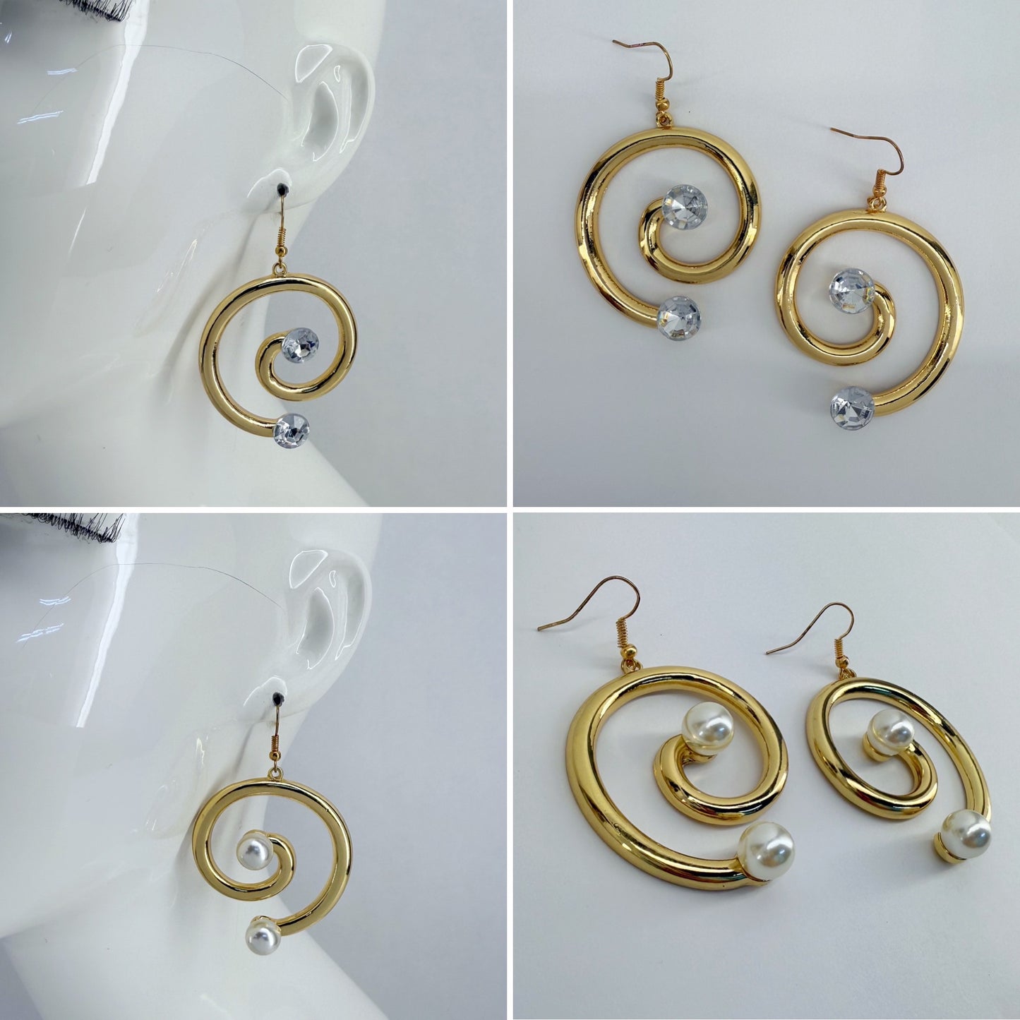 Gold Finish Swirl Shape Fish Hook Earrings with Rhinestone or Pearl Decor