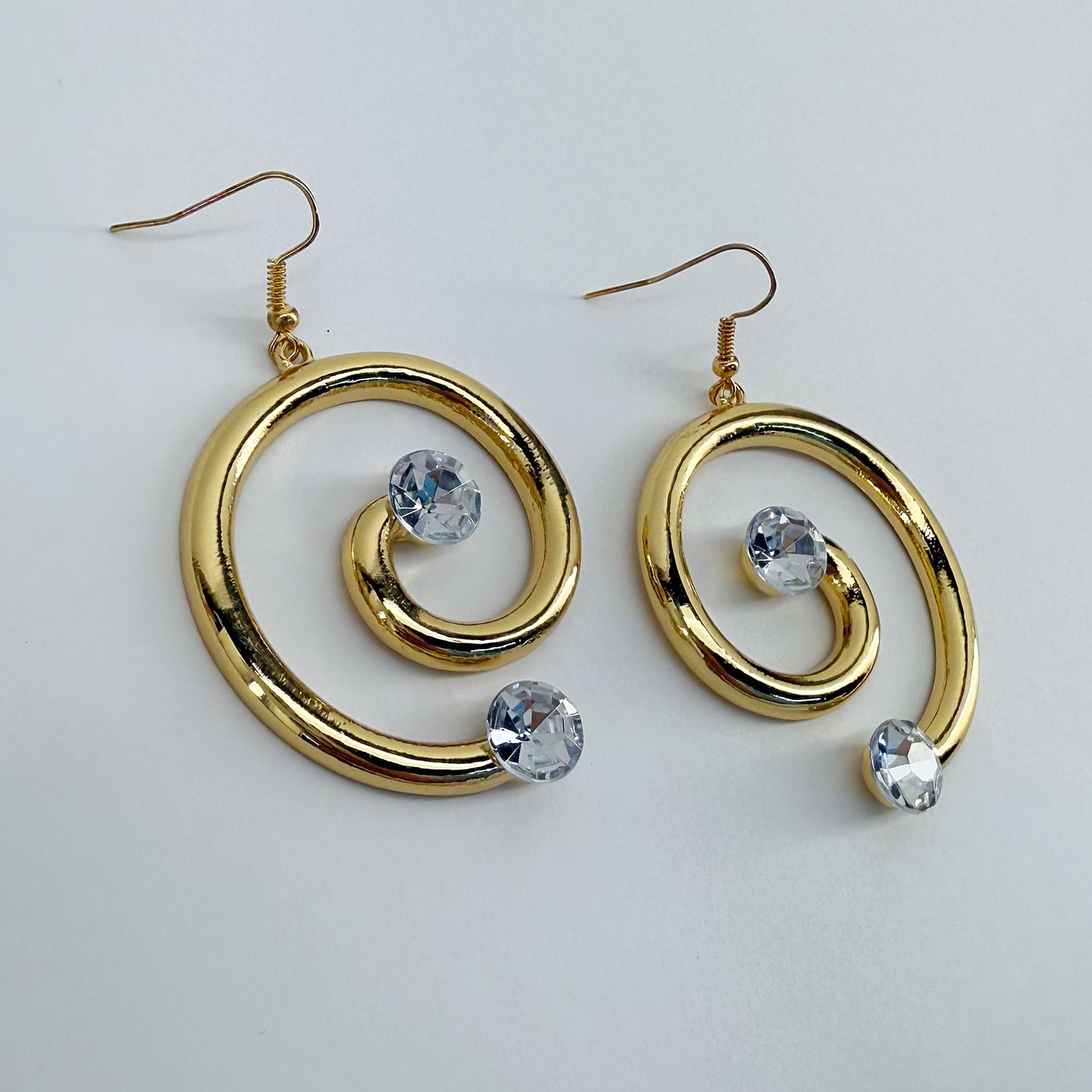 Gold Finish Swirl Shape Fish Hook Earrings with Rhinestone or Pearl Decor