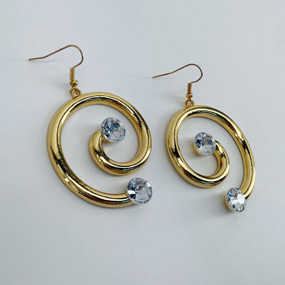 Gold Finish Swirl Shape Fish Hook Earrings with Rhinestone or Pearl Decor