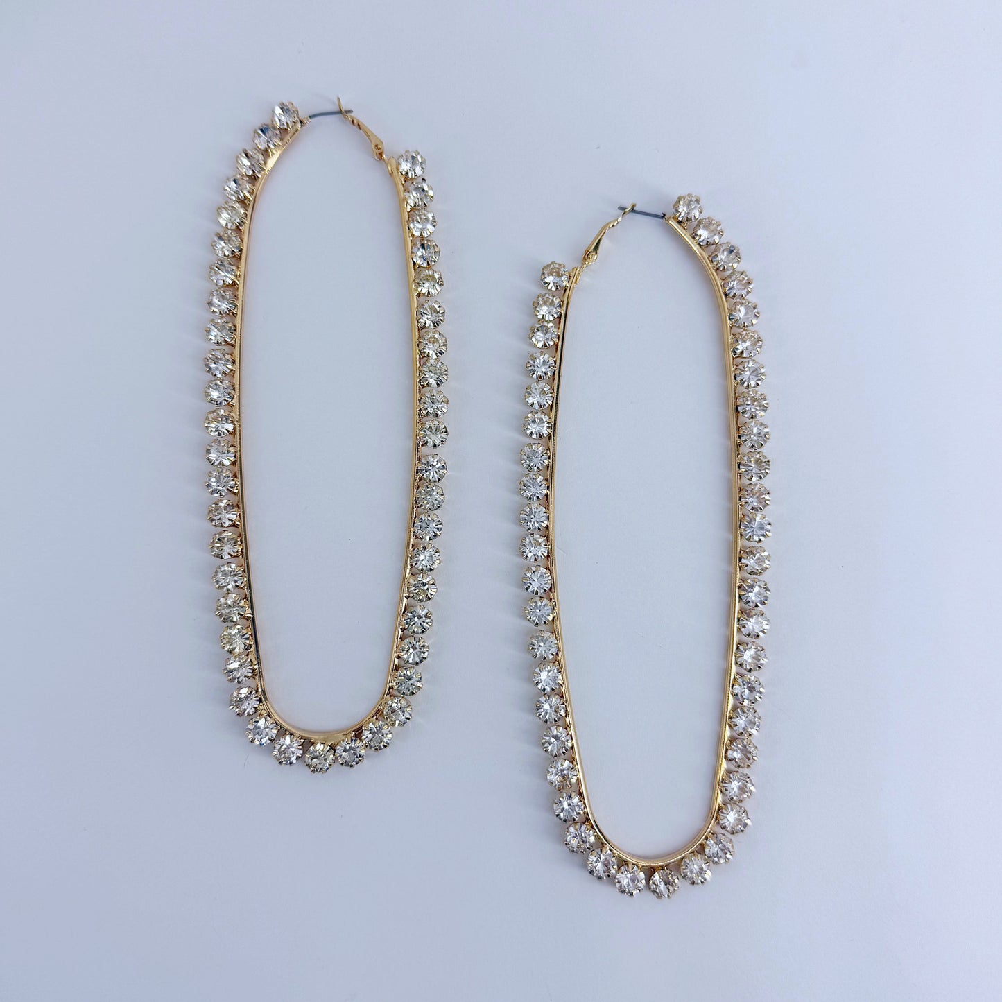 Gold Finish with Clear Rhinestones Extra Long Oval Earrings