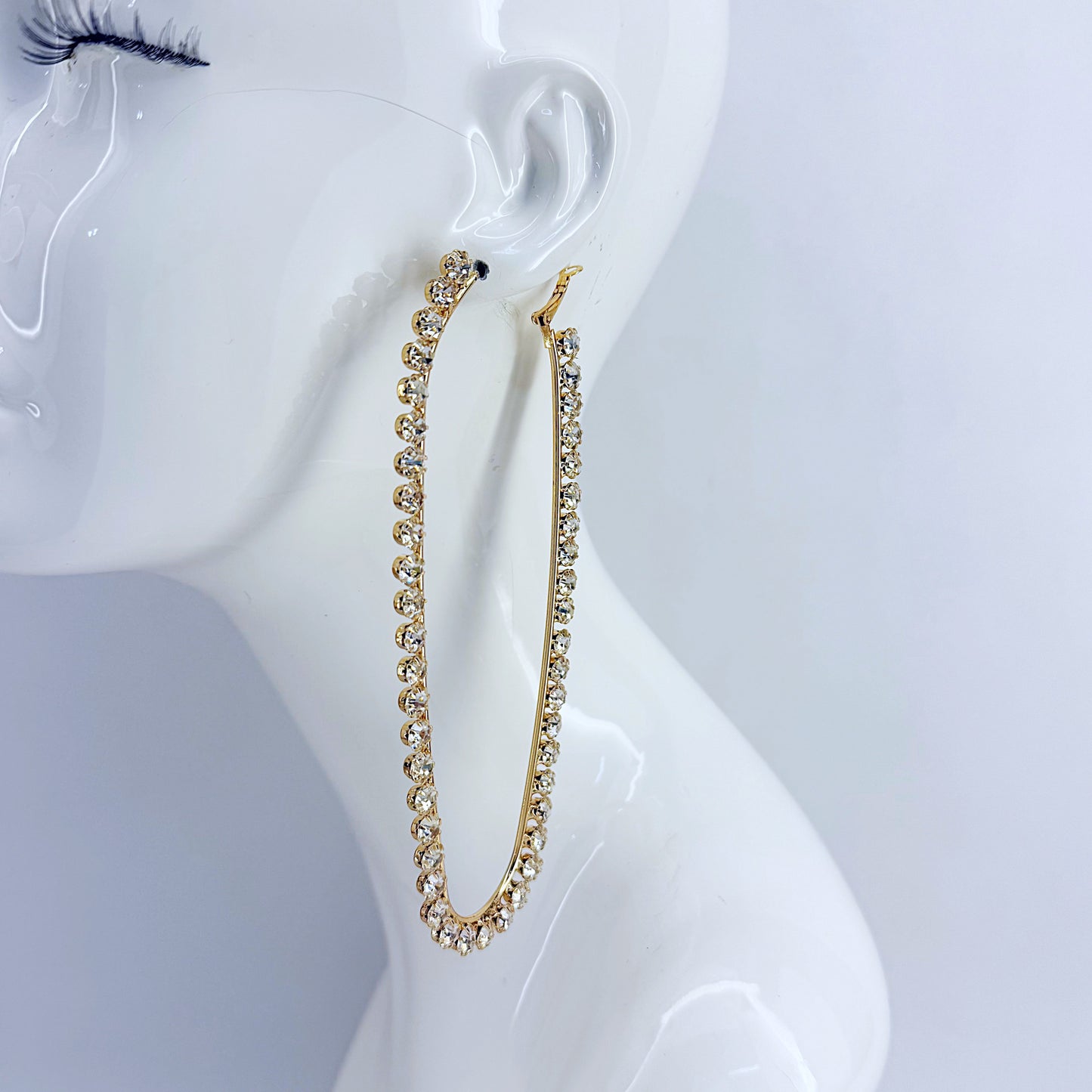 Gold Finish with Clear Rhinestones Extra Long Oval Earrings