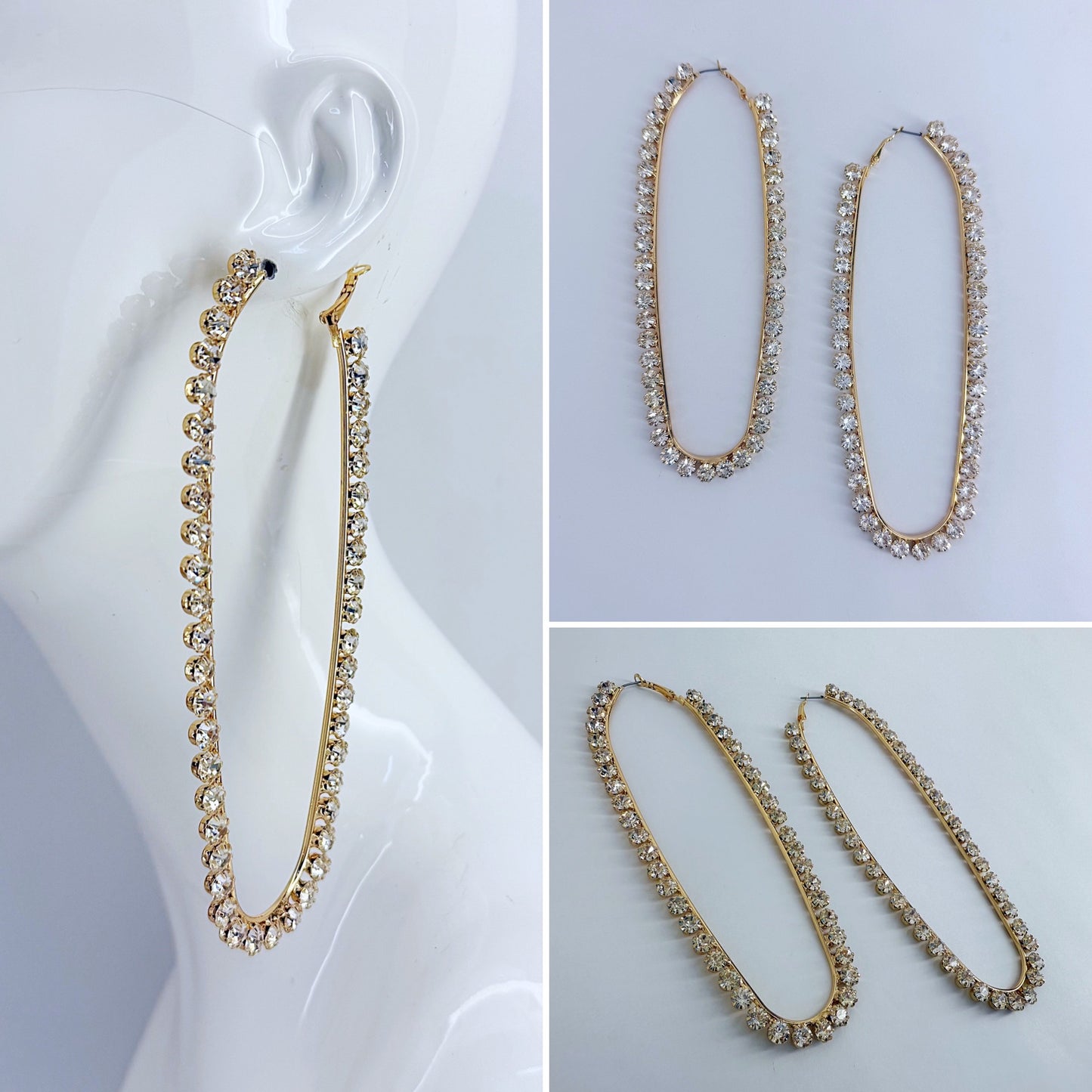 Gold Finish with Clear Rhinestones Extra Long Oval Earrings