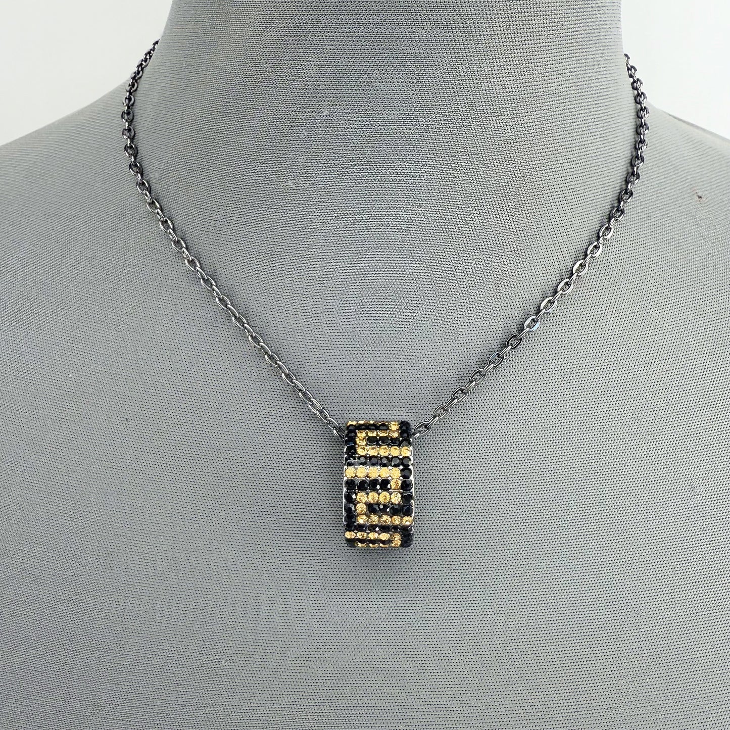 Hematite Chain Necklace with Black and Gold Greek Symbol Pendant
