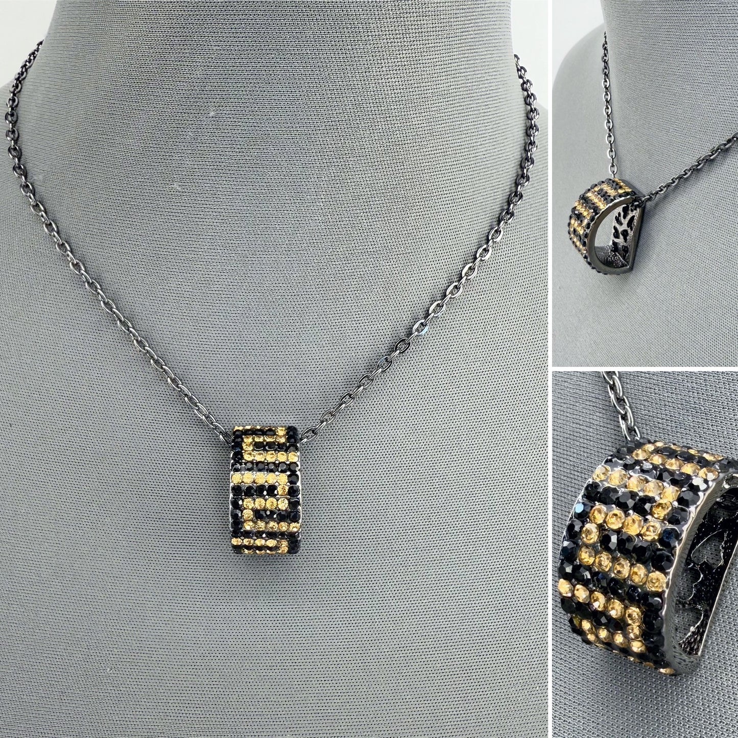 Hematite Chain Necklace with Black and Gold Greek Symbol Pendant