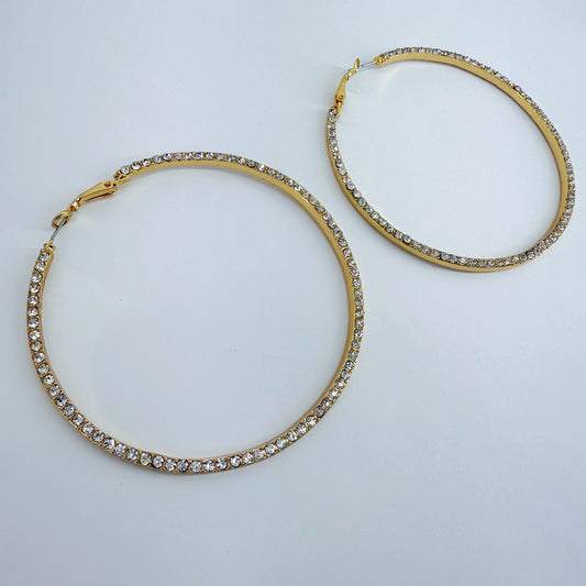 Gold Finish Round Hoop Earrings with Clear Rhinestones