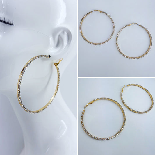 Gold Finish Round Hoop Earrings with Clear Rhinestones