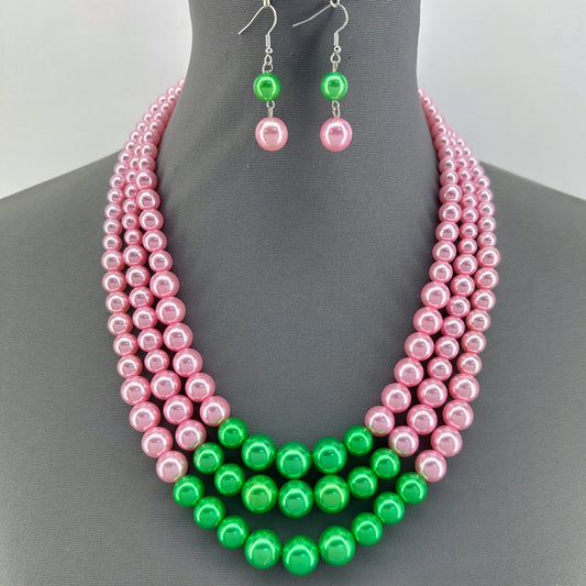 Pink And Green Pearl Necklace Set