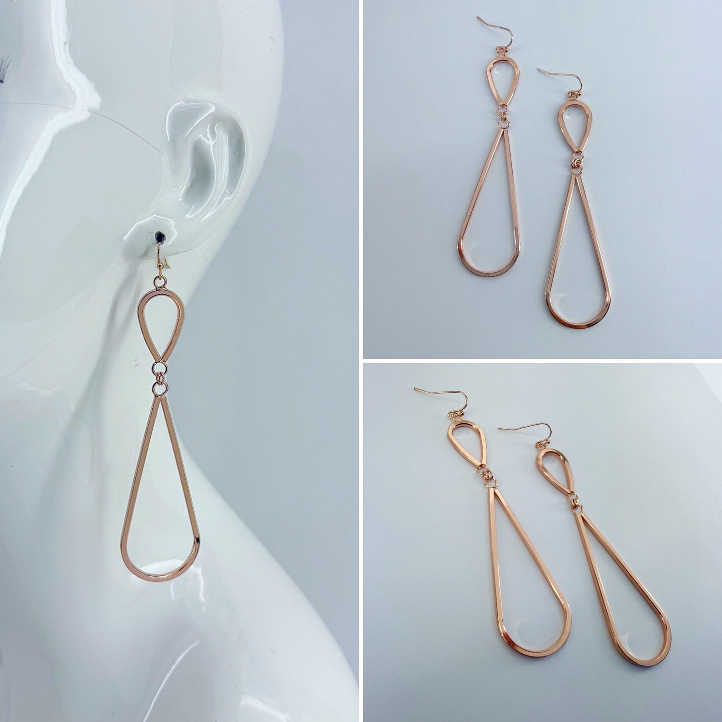 Rose Gold Finish Double Teardrop Drop Dangle Earrings