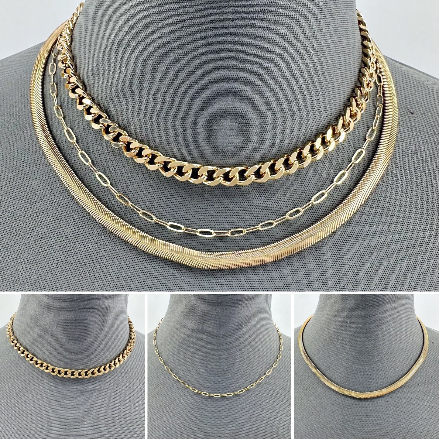 Gold Finish Triple Chain Necklaces