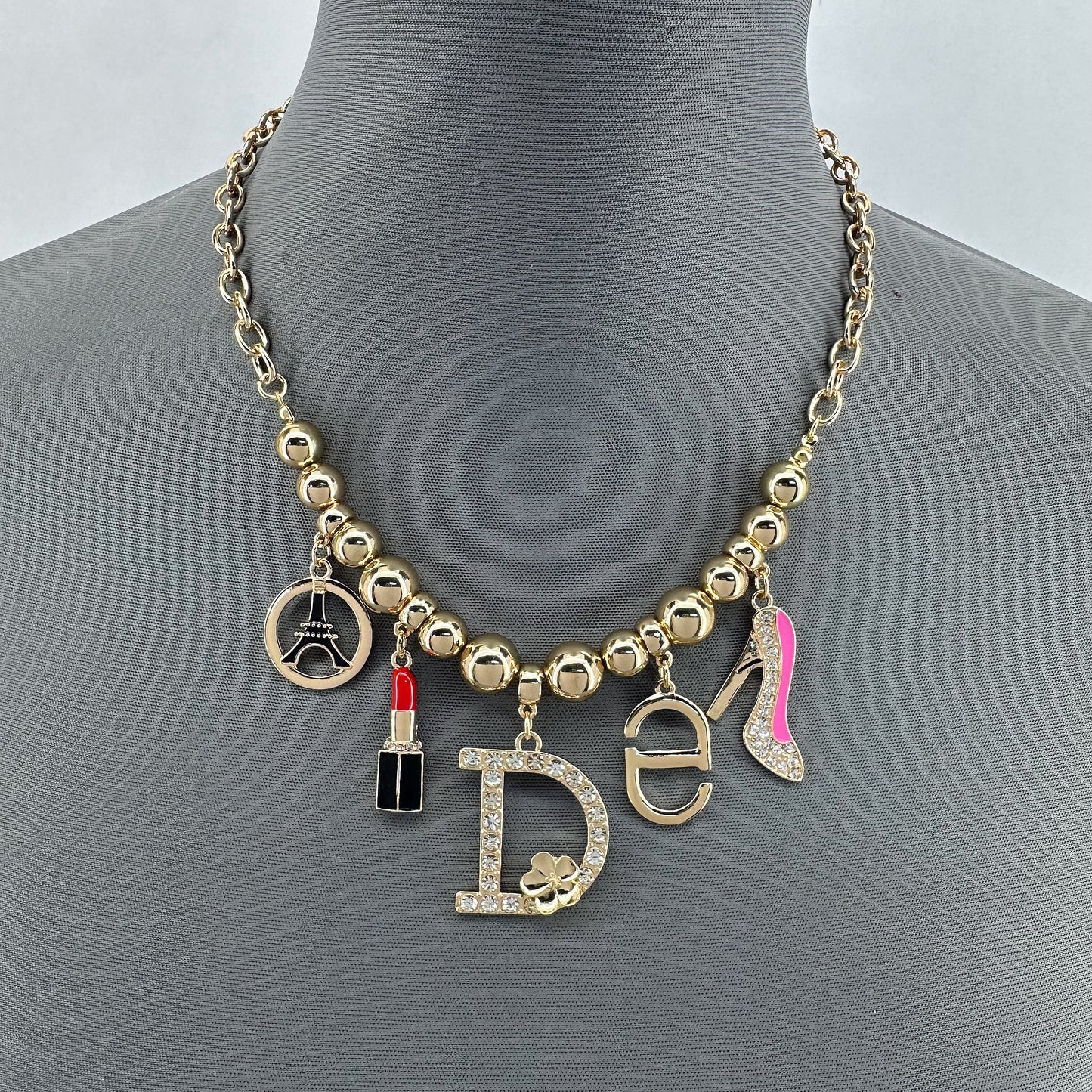 Link Chain And Bead Necklace With Charms