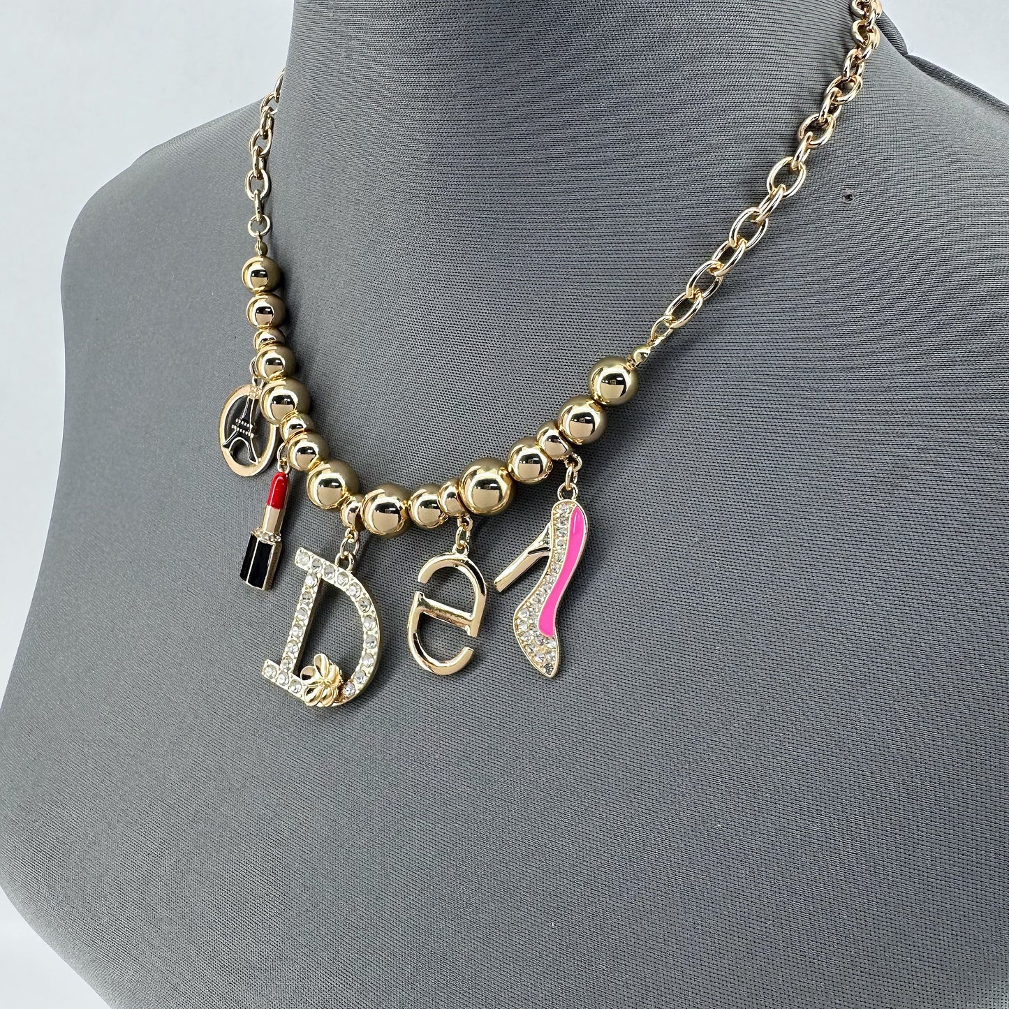 Link Chain And Bead Necklace With Charms