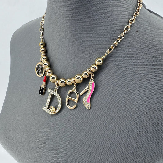 Link Chain And Bead Necklace With Charms