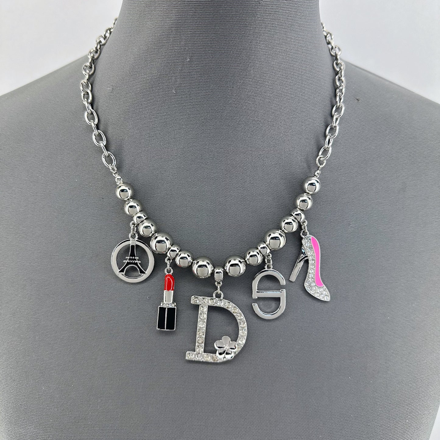 Link Chain And Bead Necklace With Charms