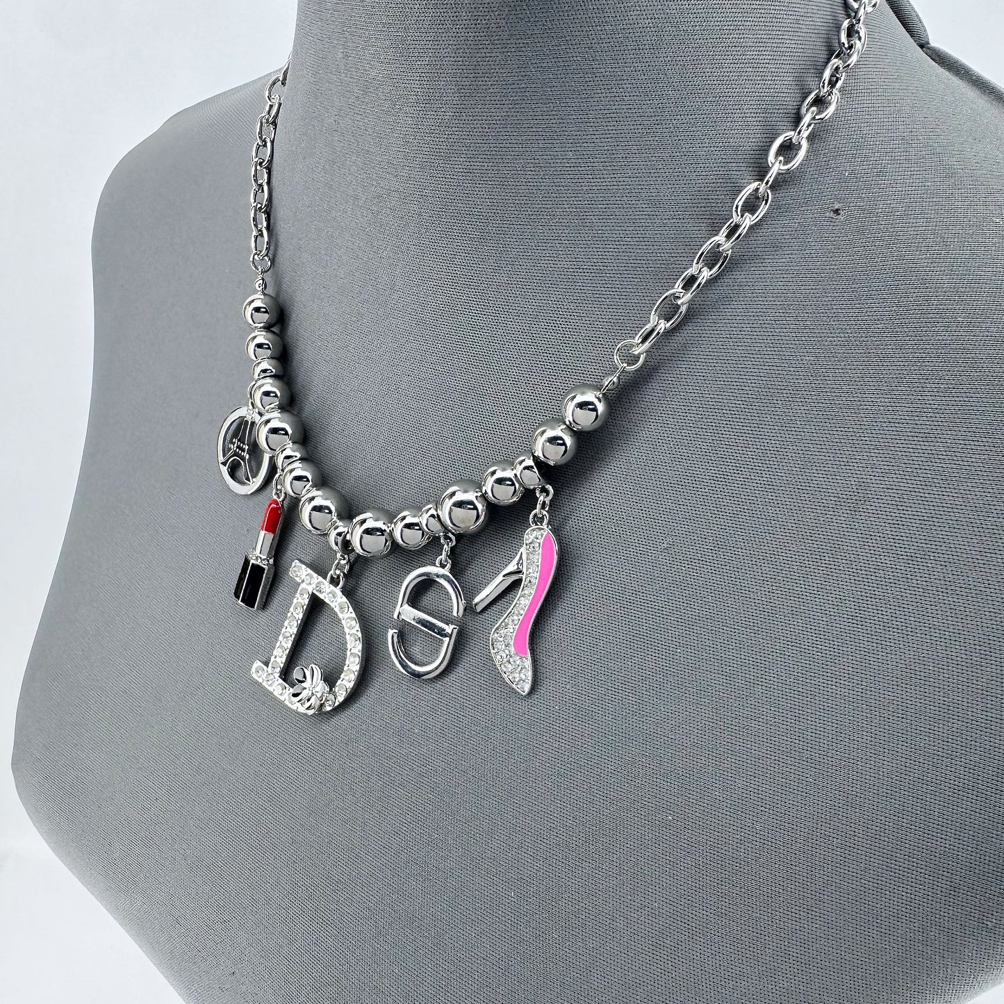 Link Chain And Bead Necklace With Charms