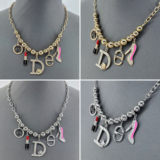 Link Chain And Bead Necklace With Charms