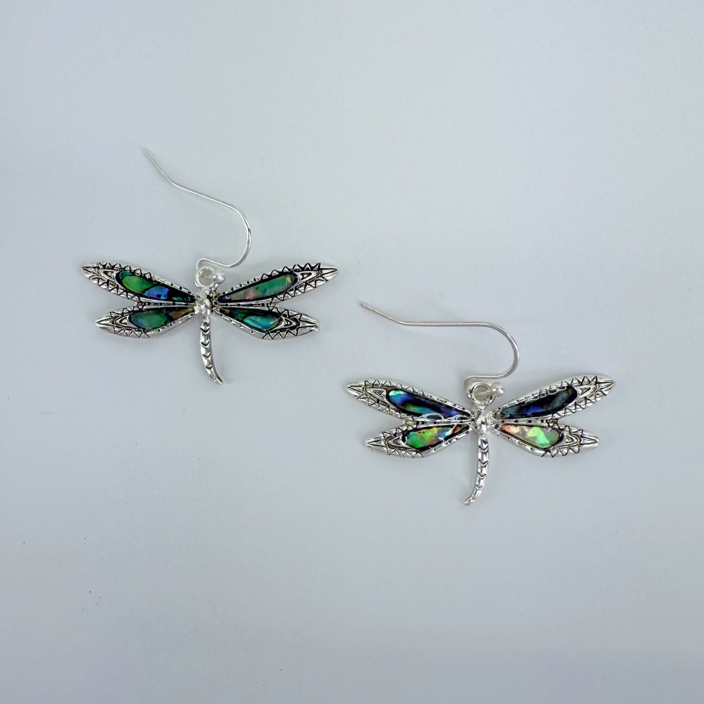 Silver Finish Dragonfly Earrings with Abalone Décor Wings