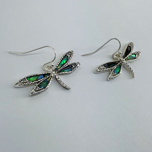 Silver Finish Dragonfly Earrings with Abalone Décor Wings