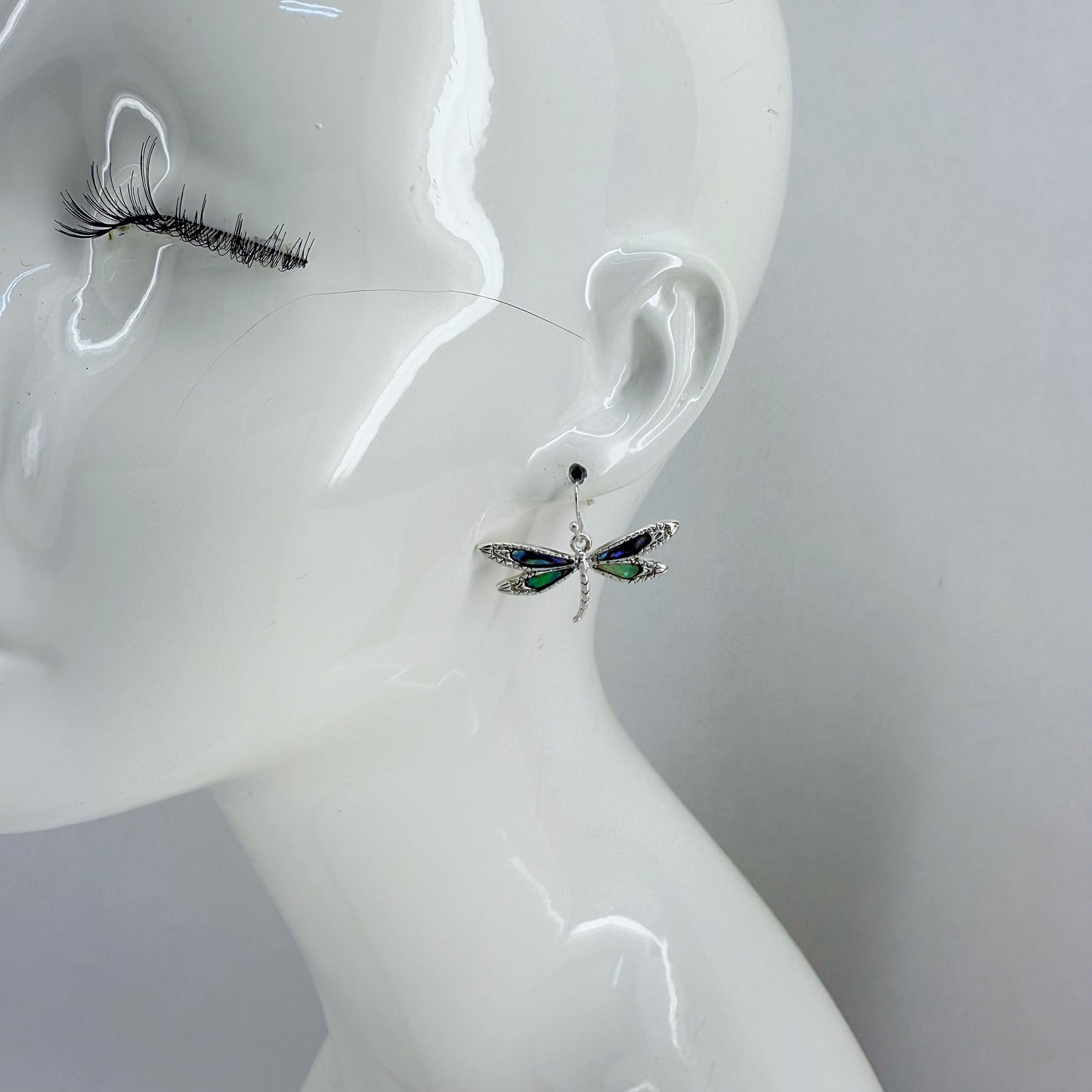 Silver Finish Dragonfly Earrings with Abalone Décor Wings