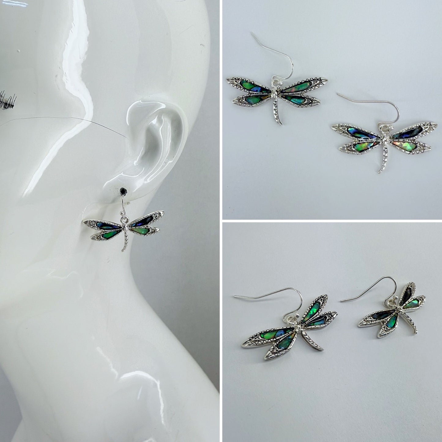 Silver Finish Dragonfly Earrings with Abalone Décor Wings