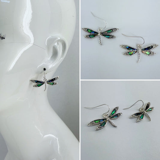 Silver Finish Dragonfly Earrings with Abalone Décor Wings