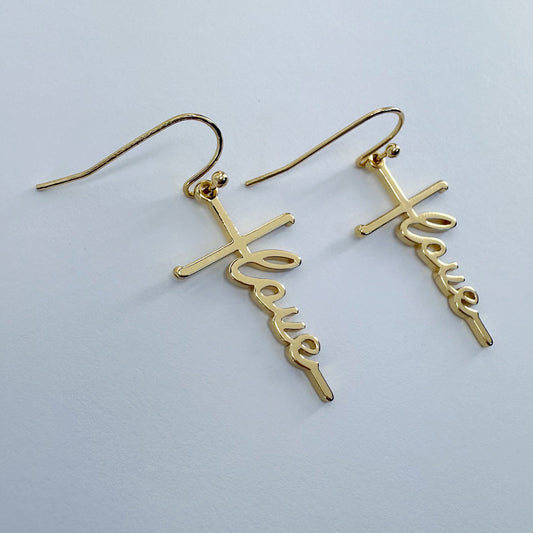 Fish Hook Earrings With The Word Love Design Dangle