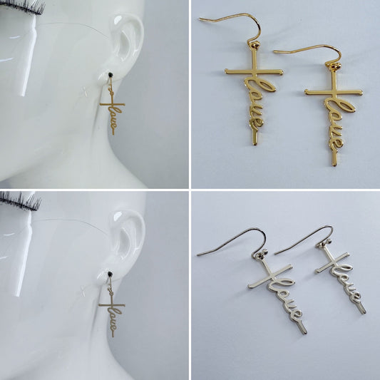 Fish Hook Earrings With The Word Love Design Dangle