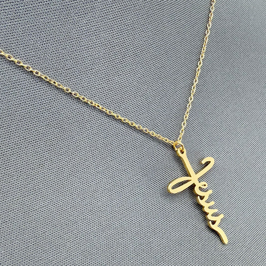 Chain Necklace With Word of Jesus Design Cross Pendant