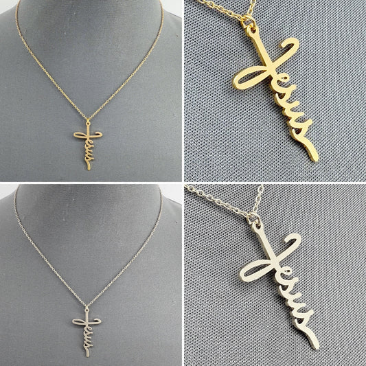 Chain Necklace With Word of Jesus Design Cross Pendant
