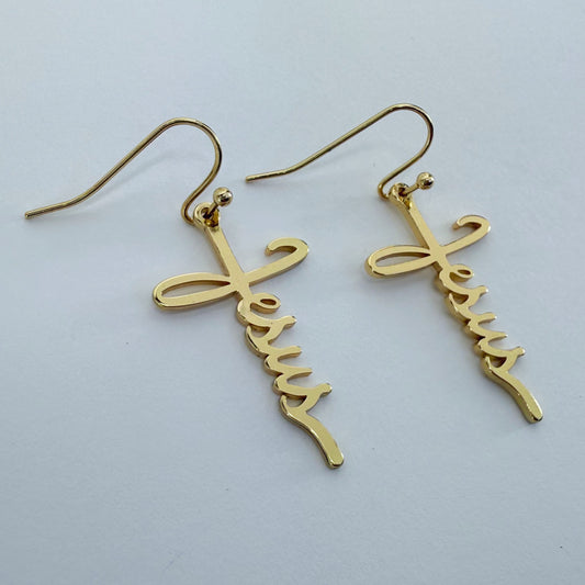 Fish Hook Earrings Jesus Word Cross Design Dangle