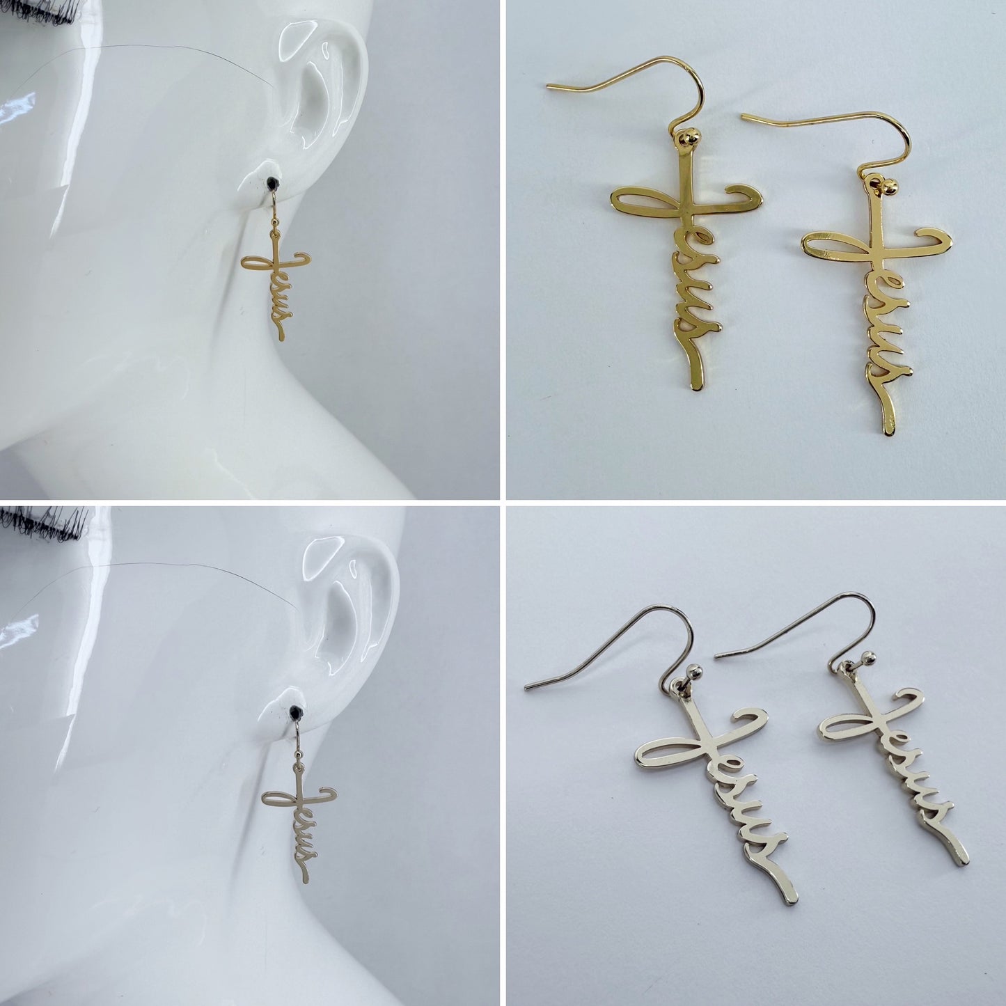 Fish Hook Earrings Jesus Word Cross Design Dangle