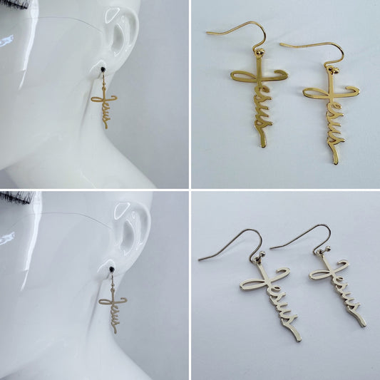 Fish Hook Earrings Jesus Word Cross Design Dangle