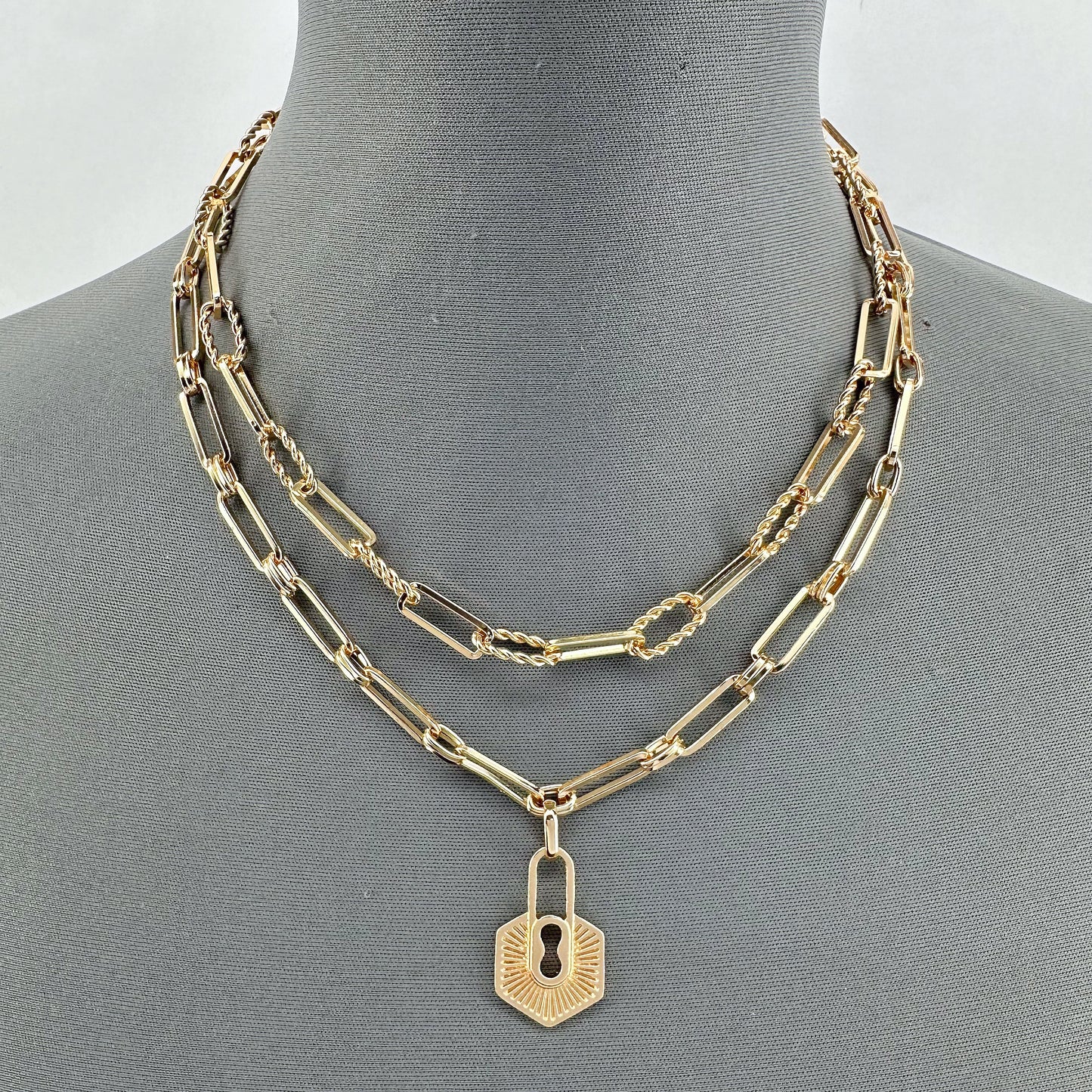 Double Paperclip Chain Necklaces and Lock Pendant