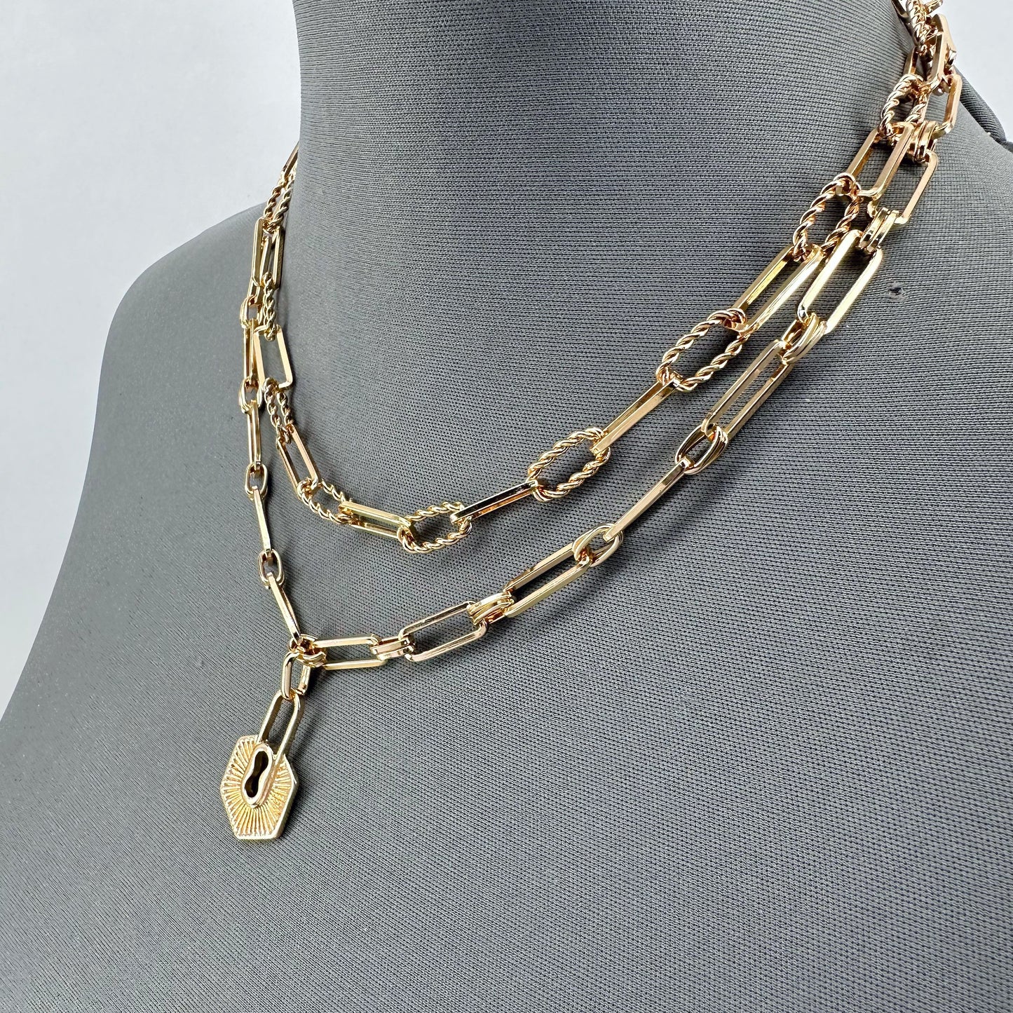 Double Paperclip Chain Necklaces and Lock Pendant
