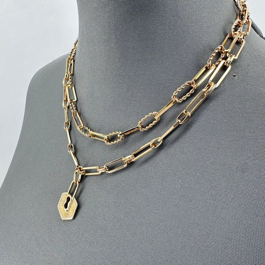 Double Paperclip Chain Necklaces and Lock Pendant
