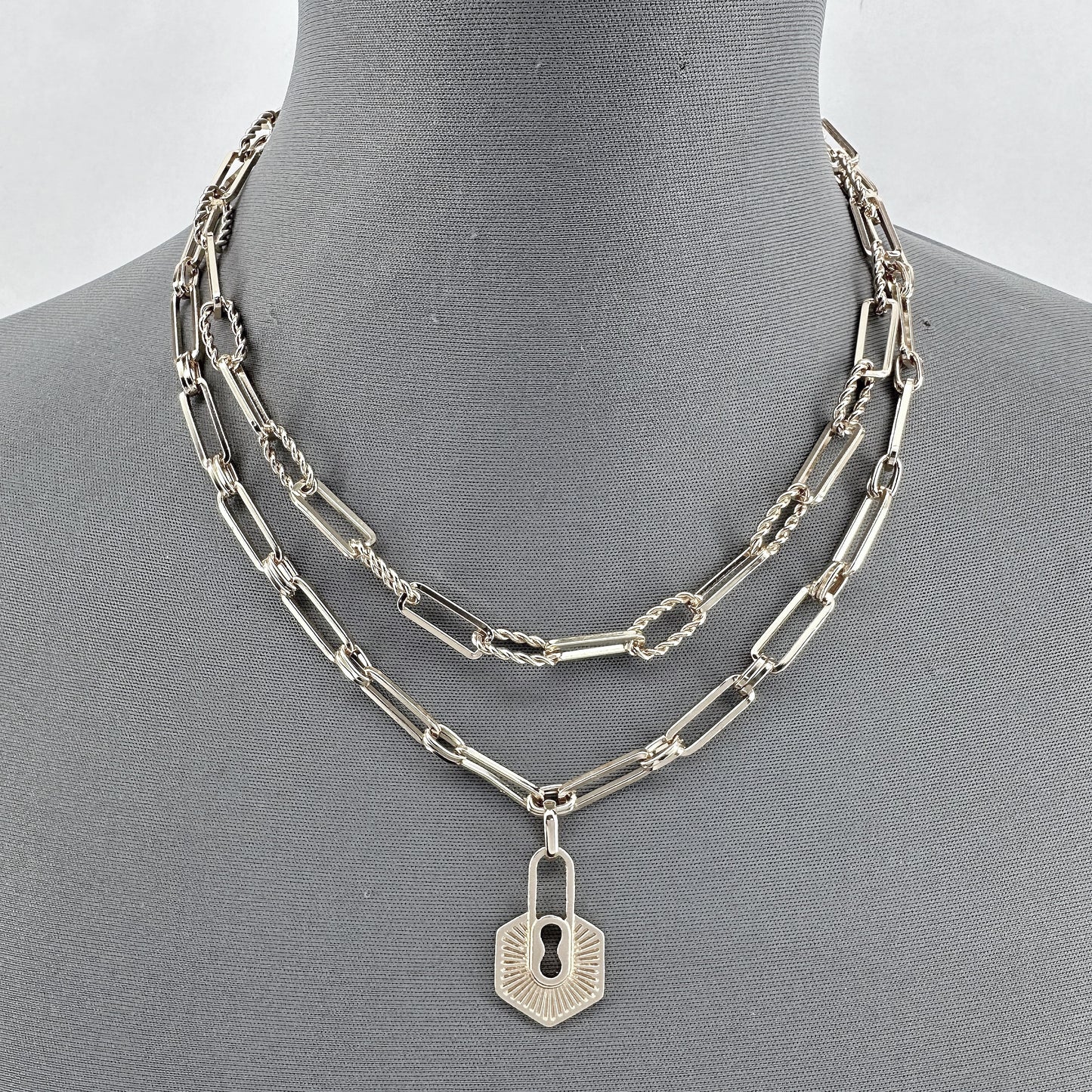 Double Paperclip Chain Necklaces and Lock Pendant