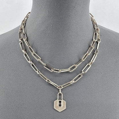 Double Paperclip Chain Necklaces and Lock Pendant