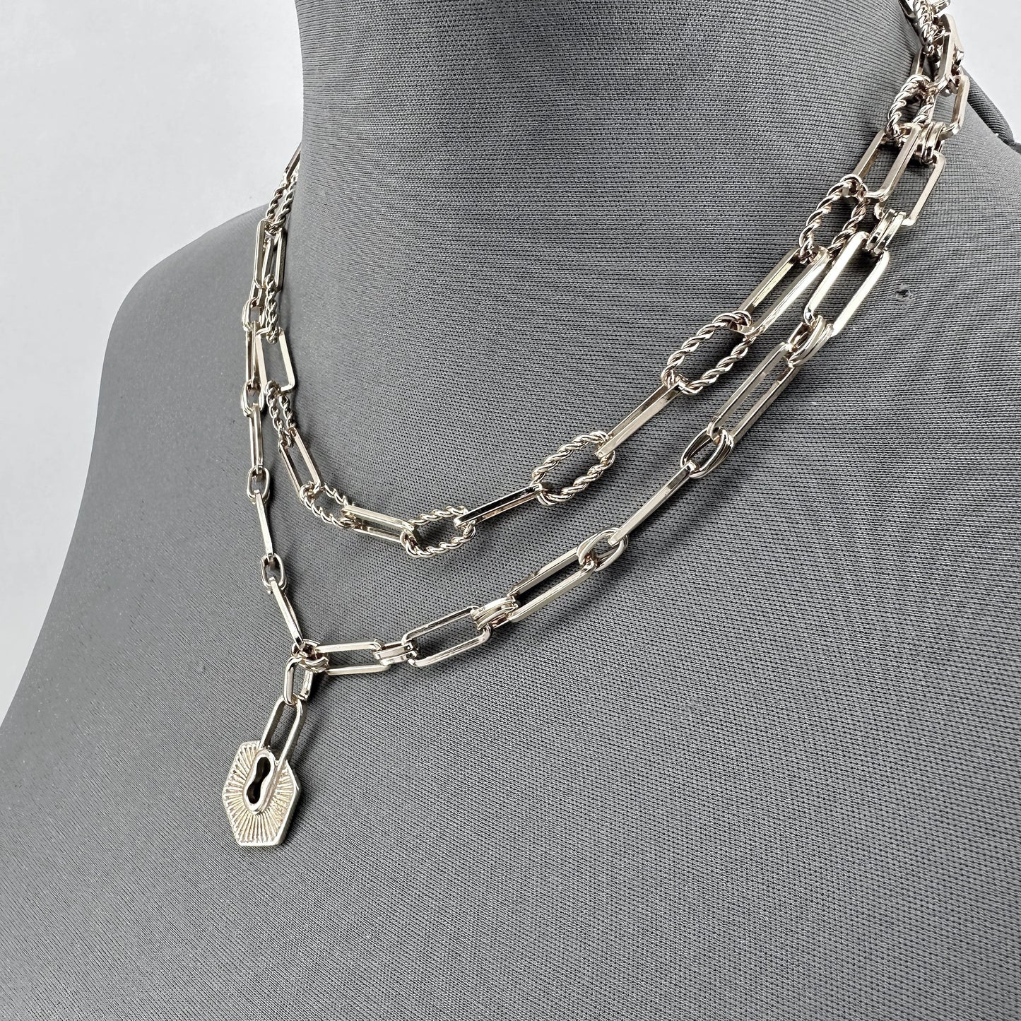 Double Paperclip Chain Necklaces and Lock Pendant